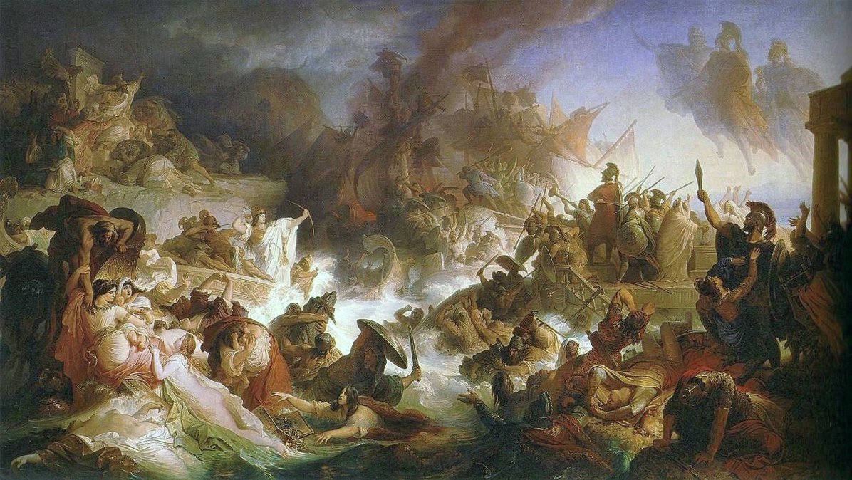 <i>La batalla de Salamina</i>, óleo sobre tela pintado en 1868 por Wilhelm von Kaulbach”></div>
<div id=