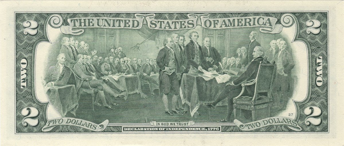 Parte posterior del billete de dos dólares estadounidenses.

