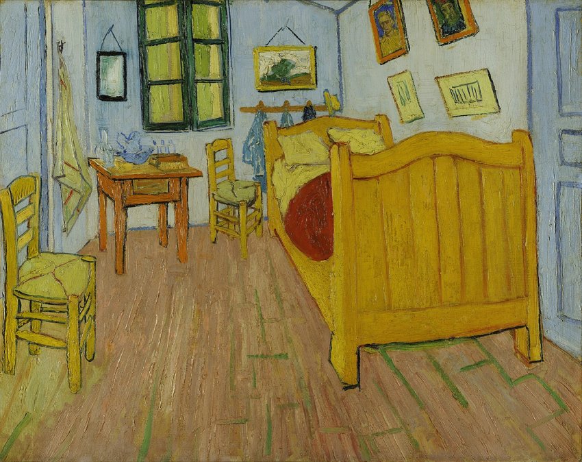 <b><i>        El dormitorio en Arlés</i></b> (octubre de 1888). Contraste de colores y pinceladas, armonía luminosa e intensidad que producen quietud y reposo. Este tema reconoce varias versiones, donde cambian algunos objetos su posición.</p>
<p>