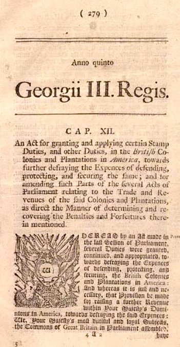 Noticia sobre la Ley del Sello en un periódico de 1765.