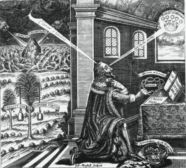 Alegoría satírica de Carlos I como mártir de la causa cristiana, publicado en 1649, año de su ejecución.