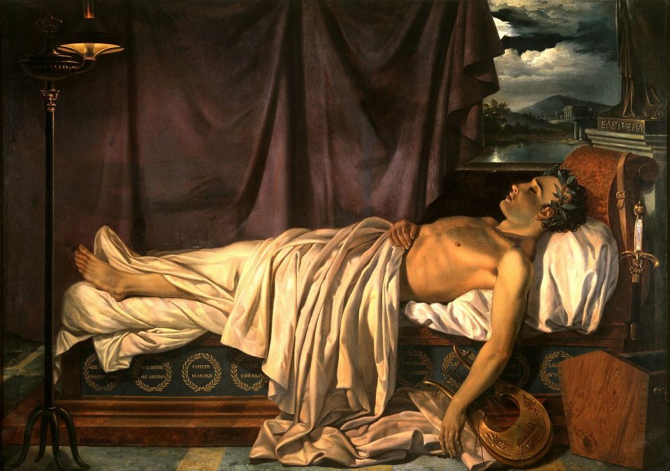 Byron en su lecho de muerte, lienzo al óleo, 166 x 234,5 cm, realizado por Joseph-Denis Odevaere en 1826, Groeninge Museum, Brujas.