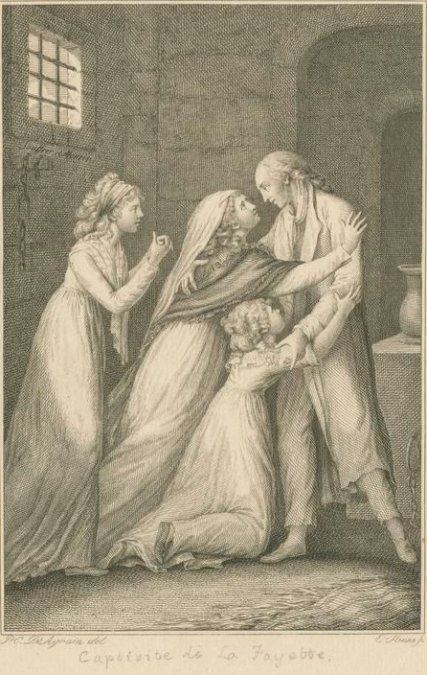 Representación de principios del siglo XIX de la reunión en prisión de Lafayette con su esposa e hijas.

