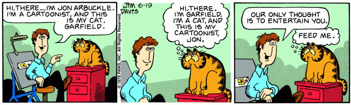 La primera tira cómica de Garfield, publicada el lunes, 19 de junio de 1978. 