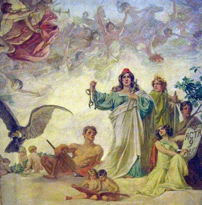 Alegoría de la Declaración de la Independencia, por Luis de Servi. <i>Pintura sobre tela en el techo del Salón Blanco de la Casa Rosada</i>.”></div>
<div id=