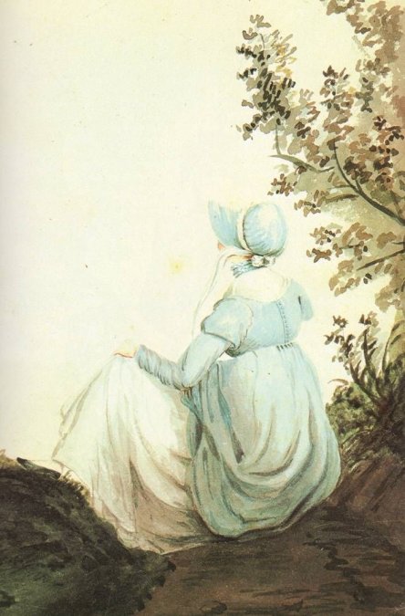Acuarela de Cassandra Austen donde se ve a Jane de espaldas (1804).
