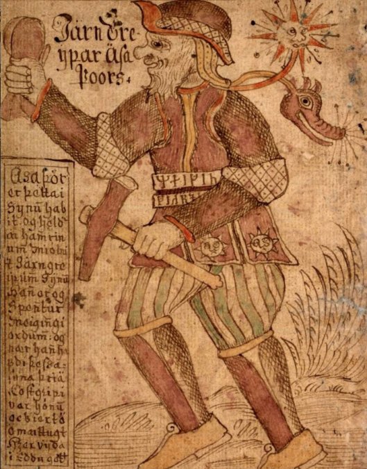        

<p>Thor con su martillo y su cinturón de fuerza, en un manuscrito islandés del siglo XVIII.</p>
</p>
<p>” id=”4178-Libre-2081950182_embed” /></p></div>
<p> </p>
<div id=