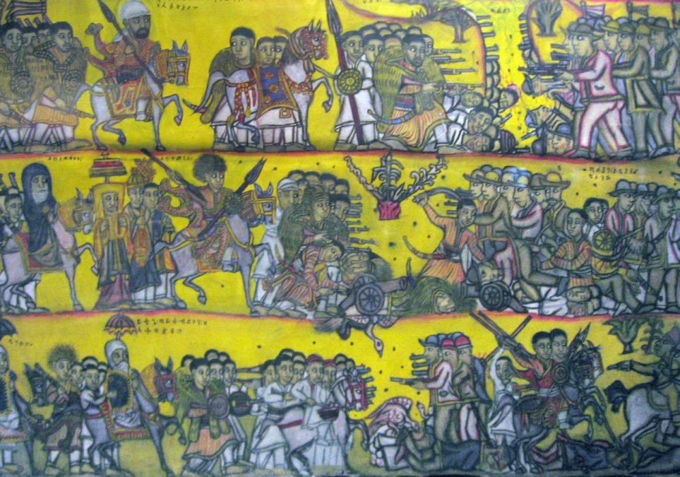 Tapiz etíope con una reproducción de la batalla de Adua.