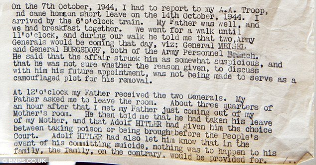 Carta en la que Manfred Rommel cuenta los pormenores del suicidio de su padre.