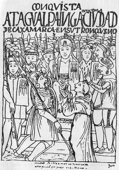 Dibujo de Guamán Poma de Ayala que representa a Atahualpa en Cajamarca, sentado en su trono o usno y acompañado de sus guerreros. Delante de él están Francisco Pizarro.