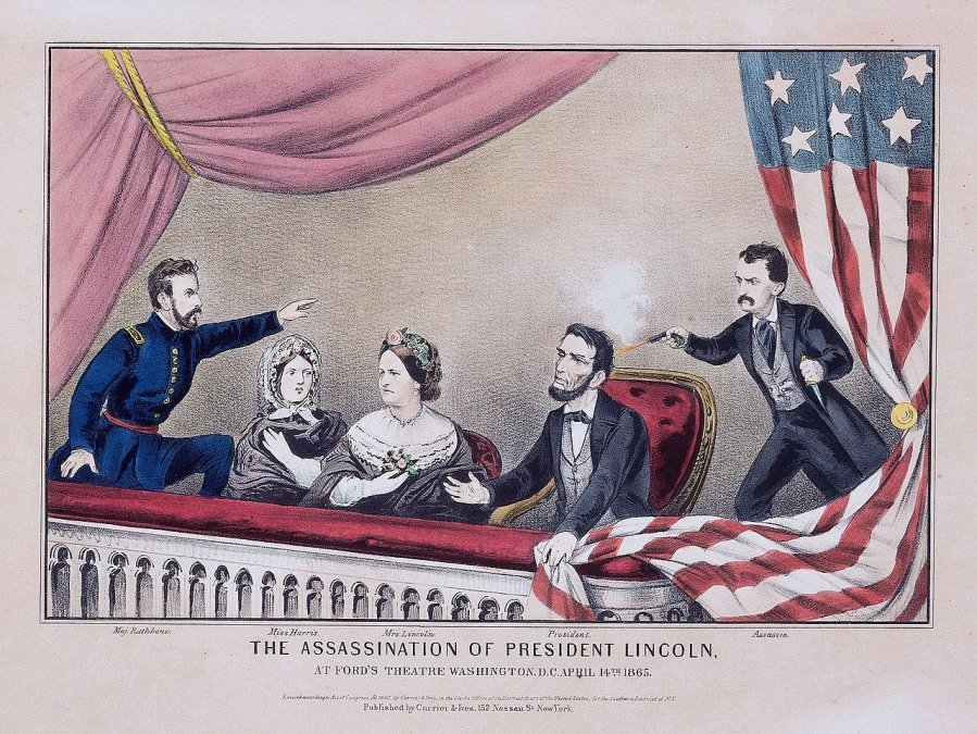 Asesinato de Abraham Lincoln. De izquierda a derecha: Henry Rathbone, Clara Harris, Mary Todd Lincoln, Abraham Lincoln y John Wilkes Booth (Litografía coloreada de Currier and Ives, 1865).