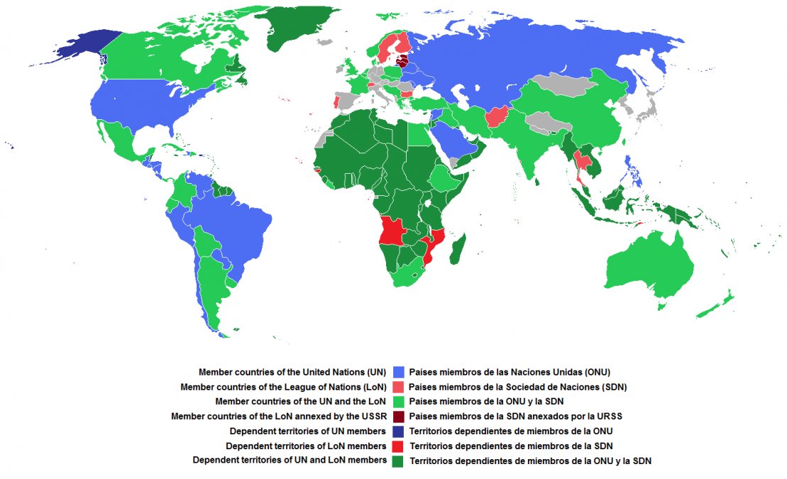 Mapamundi mostrando los países miembros de la Sociedad de Naciones (en verde y rojo) el 18 de abril de 1946, cuando la Sociedad de Naciones dejó de existir.