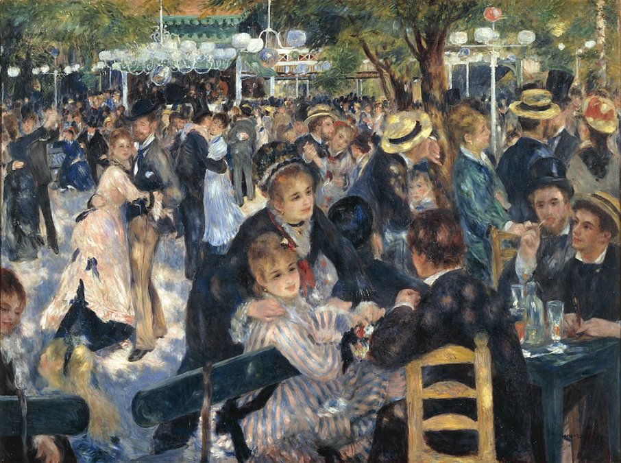 Baile en el Moulin de la Galette (1876) - Un clásico de Renoir. La vida vista tras un velo. Su miopía le daba esa suave impresión a las formas que pintaba. 