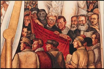 Parte del mural, en el que aparece Lenin y Marx. 