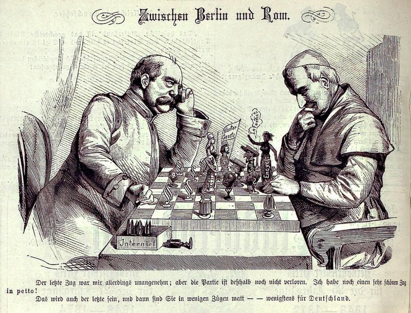 Ilustración Entre Berlín y Roma (con Bismarck a la izquierda y el Papa a la derecha) en la revista satírica Kladderadatsch (1875).