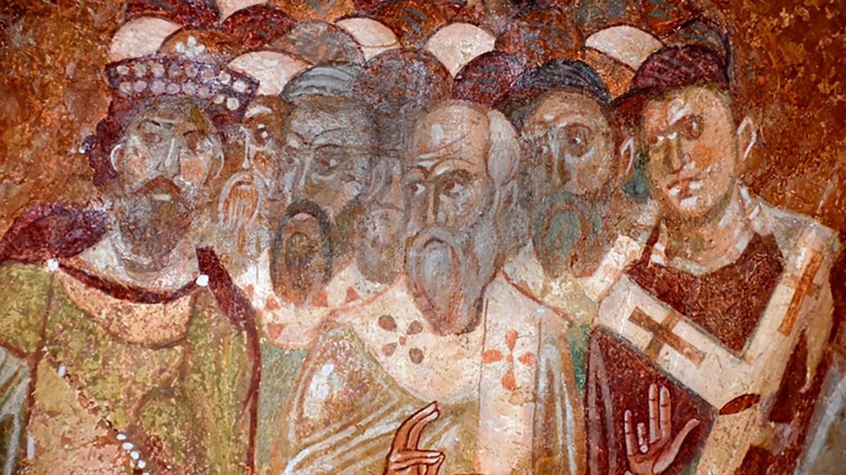 Detalle de un antiguo fresco bizantino del consejo de Nicea. De la iglesia de San Nicolás, Demre, sur de Turquía.