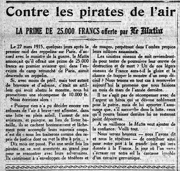 Le Matin recuerda la recompensa de 25.000 francos para aquellos que lograran abatir a un zeppelin.