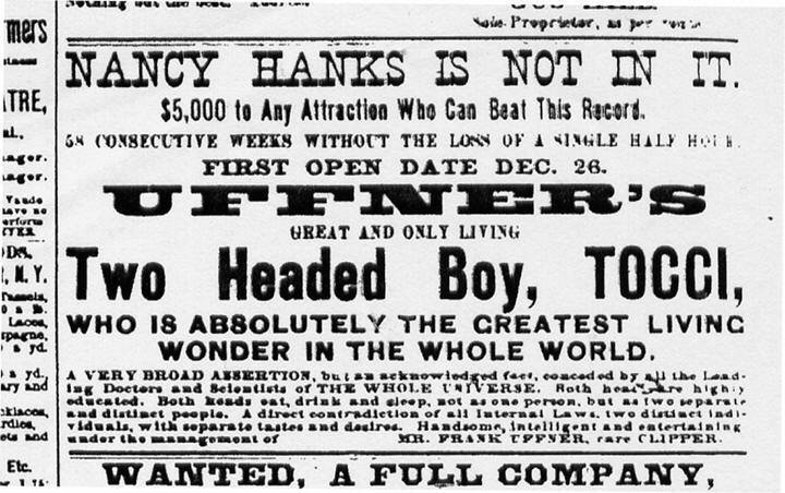 The Twoo Headed Boy (El Chico con dos cabezas, en inglés), anuncio en un periódico de una presentación de los hermanos Tocci.