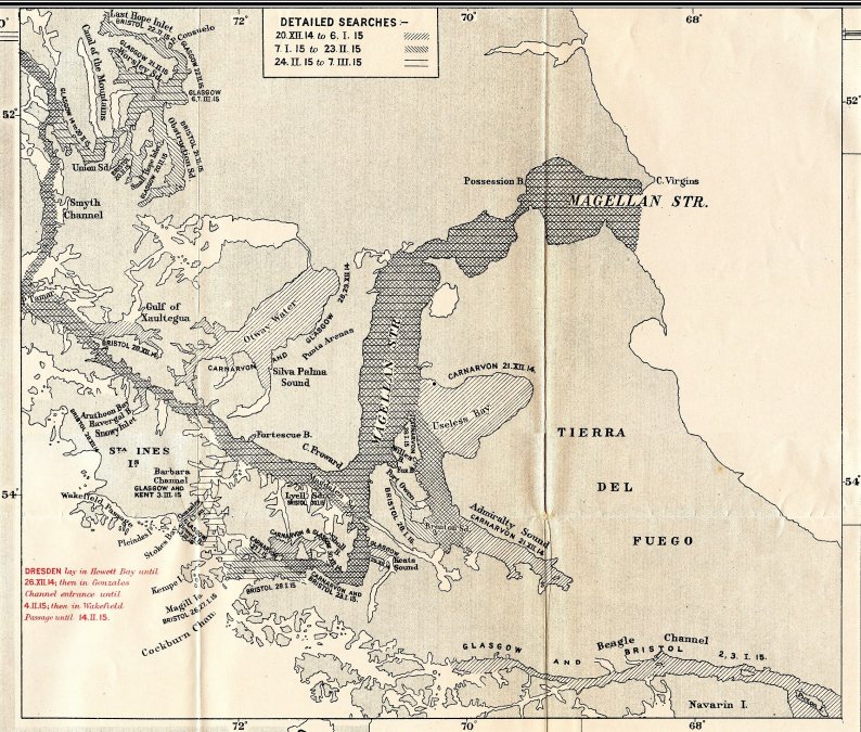         Mapa realizado por el Comité de Defensa Imperial del Reino Unido donde se muestran las zonas de búsqueda de los cruceros británicos y el sector de la costa donde se refugió el SMS Dresden.
