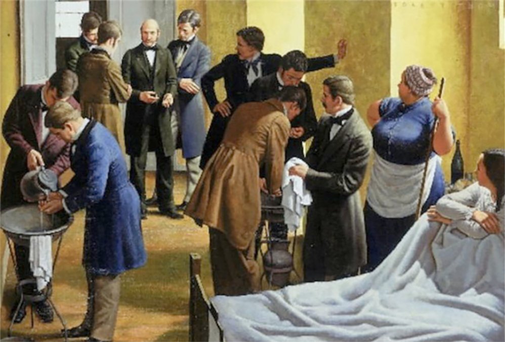 Dibujo ambientado en la época, de una sala de partos del Hospital de Viena donde se representa Semmelweis enseñando a sus alumnos.