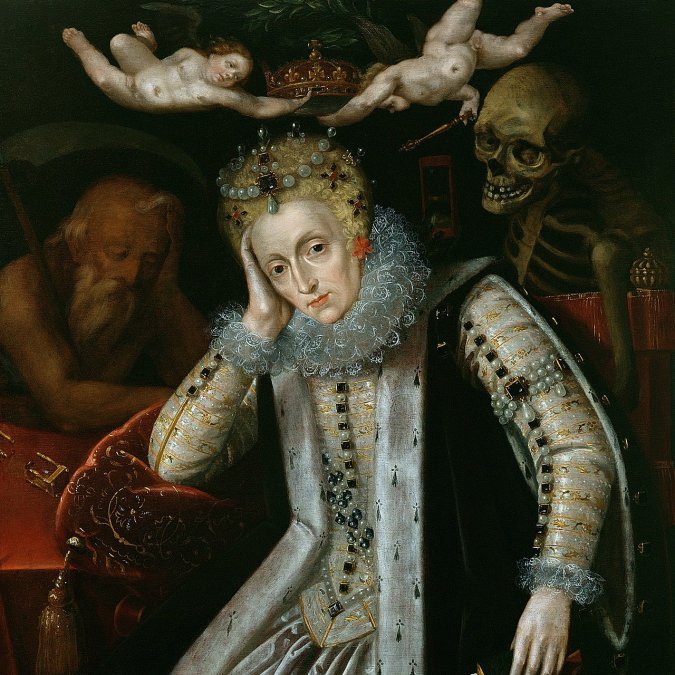 Retrato de Isabel I, pintado después de 1620, durante el primer renacimiento del interés en su reinado. El Tiempo duerme a su derecha y la Muerte mira por encima del hombro izquierdo; dos putti sostienen la corona sobre su cabeza.