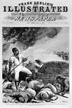 En 1873, los negros que exigían su derecho a votar en el condado de Colfax, Luisiana, fueron atacados por turbas supremacistas blancas armadas. Los negros intentaron valerosamente defenderse, pero fueron masacrados. Arriba, una revista en Nueva York informó sobre el crimen.