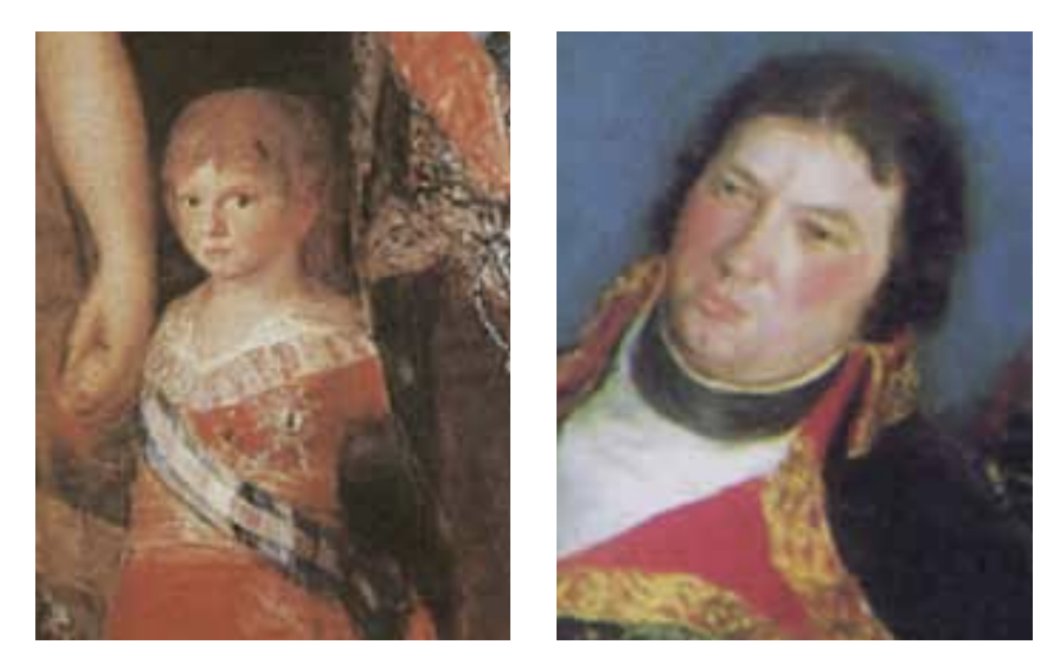 Izquierda: Detalle del cuadro: La familia de Carlos IV Derecha: Detalle del cuadro: Manuel Godoy, duque de Alcudia y Príncipe de la Paz • Francisco de Goya • 1801