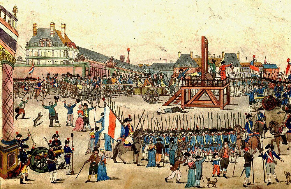 La ejecución de Robespierre. El hombre decapitado que se observa es Couthon; el cuerpo de La Bas está tendido en el suelo; Robespierre aparece sentado en el carro cerca del cadalso con un pañuelo sobre la boca.