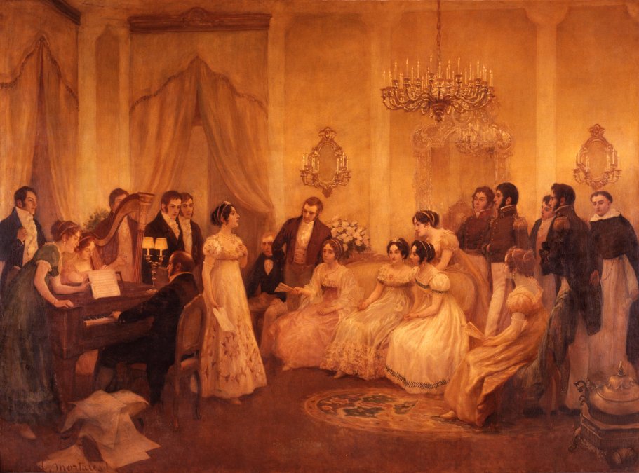 El Himno Nacional en la sala de María Sánchez de Thompson, donde se cantó por primera vez, 1813, de  Pedro Subercaseaux.