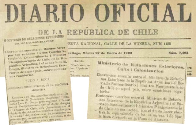 Diario Oficial de la República de Chile Nº7493, del 27 de enero de 1903, donde se publican los convenios recientemente firmados en Buenos Aires (los mismos que aparecen en el Boletín Oficial de la República Argentina).