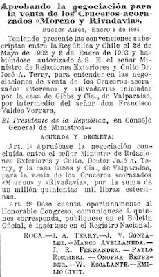El Boletín Oficial de la República Argentina Nº3079, del 13 de enero de 1904, anuncia la venta de los acorazados por la suma de un millón quinientas mil libras esterlinas.