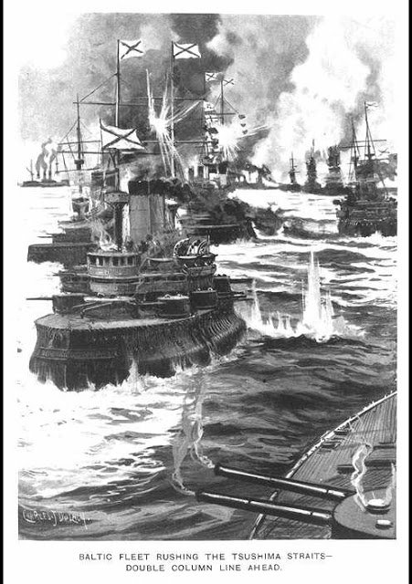 Flota rusa del Báltico dirigiéndose al estrecho de Tsushima. Fuente: International Research Center for Japanese Studies.