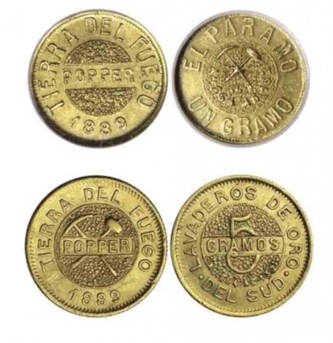 Monedas de uno y cinco gramos acuñadas por Popper en 1889