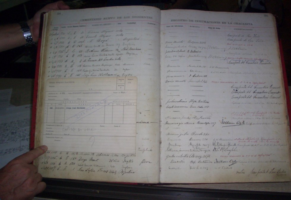 Libro de registro de inhumaciones con los datos de George John Holdman. Cementerio Británico, ciudad de Bs.As.