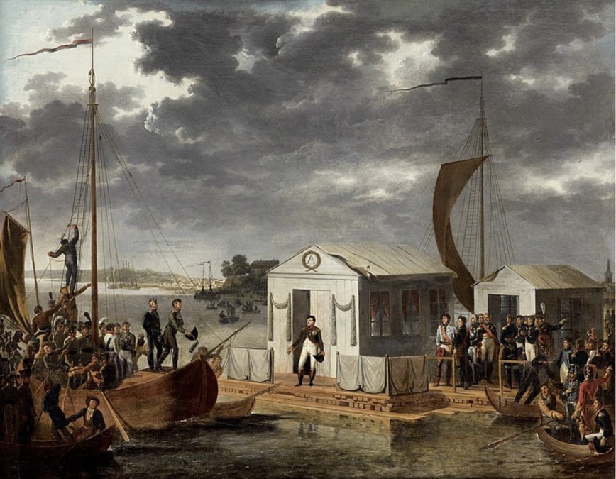 El encuentro entre Napoleón y el Zar Alejandro en un pontón otante sobre el rio Niemen en Tilsit