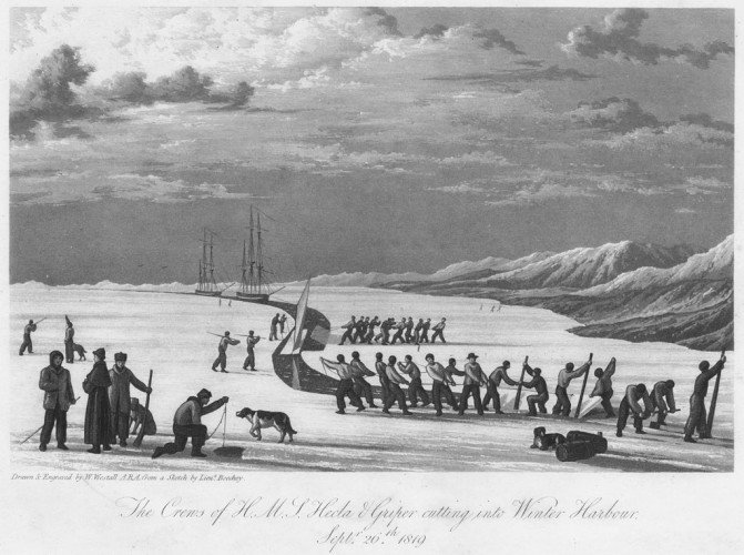 The Crews of H.M.S. Hecla & Griper Cutting Into Winter Harbour, Sept. 26th, 1819 (Las tripulaciones de H.M.S. Hecla & Griper cortando en Puerto Invierno, 26 de septiembre de 1819. Apunte de Frederick William Beechey).