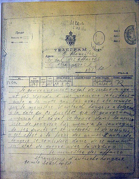 Telegrama del 28 de julio de 1914 donde Austria-Hungría declaraba la guerra al Reino de Serbia.