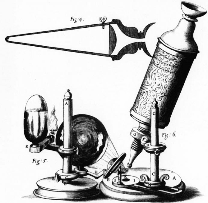 Microscopio diseñado y usado por Hooke. Nótese la llama y la lente condensadora a la izquierda, que se usaban para la iluminación