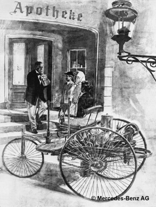 En 1885 Carl terminó su primer carruaje a motor y en noviembre de 1886 obtuvo la patente alemana Benz Patent-Motorwagen para su automóvil de tres ruedas con un motor de tracción trasera