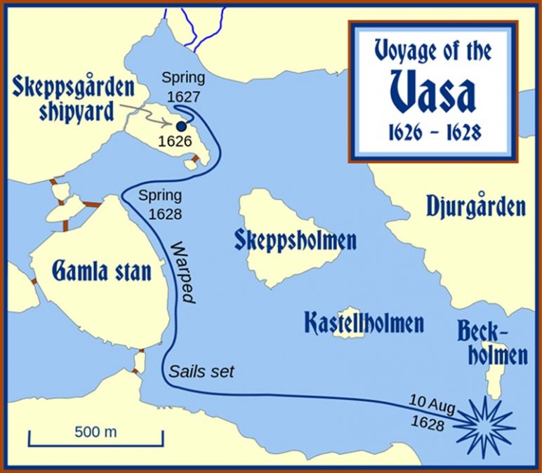 entro de Estocolmo e itinerario seguido por el Vasa desde Skeppsgården (