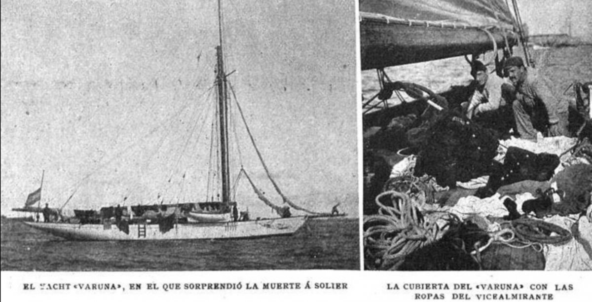 El "Varuna" donde le sorprendió la muerte al vicealmirante Solier. A la der. dos tripulantes del mismo junto a la ropa del vicealmirante