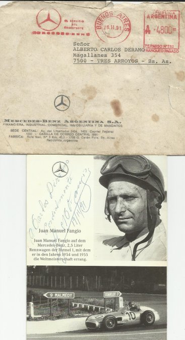                  Esta nota fue escrita merced a los aportes de los señores Juan Pablo Pérez Vassolo y Alberto Deramo. Foto de correspondencia que Fangio tuvo con el señor Deramo.