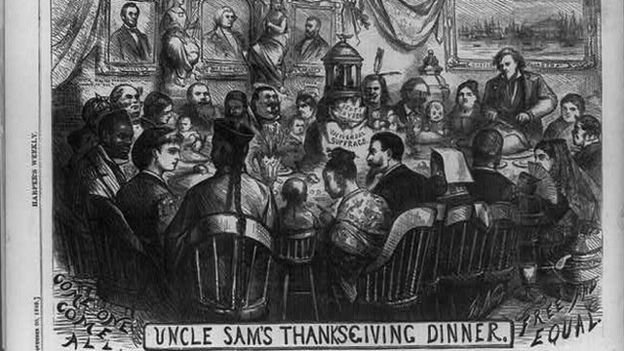 En esta representación gráfica de una cena de Acción de Gracias en 1869, aparece el Tío Sam rebanando el pavo.                 