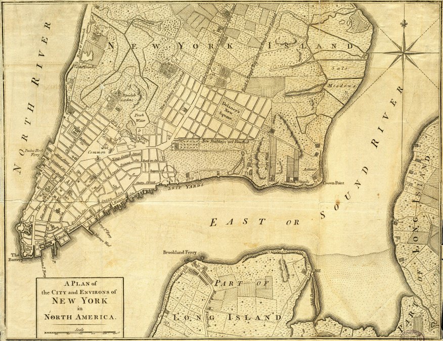 Un mapa de 1776 de Nueva York y sus alrededores (etiquetado como Isla de Nueva York en lugar de Manhattan)