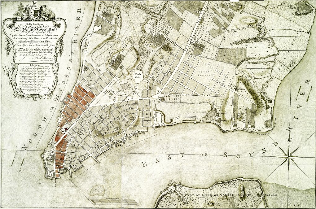 Este mapa de 1776 tiene marcas contemporáneas en rojo que representan más de 20 cuadras de la ciudad dañadas por el incendio