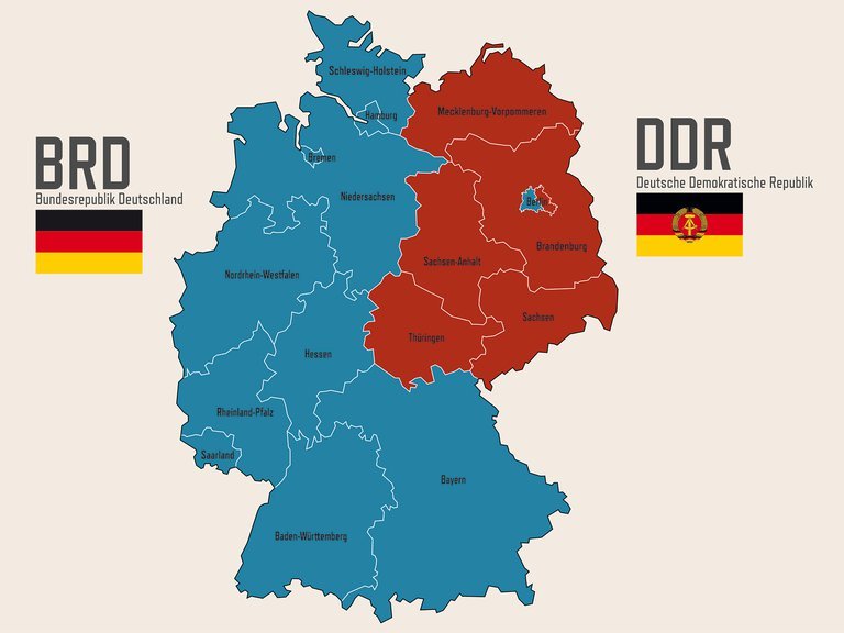 La República Federal de Alemania (BDR) en occidente, y le República  Democrática de Alemania (DDR) en oriente. Así estuvo dividido el país  entre 1949 y 1990.