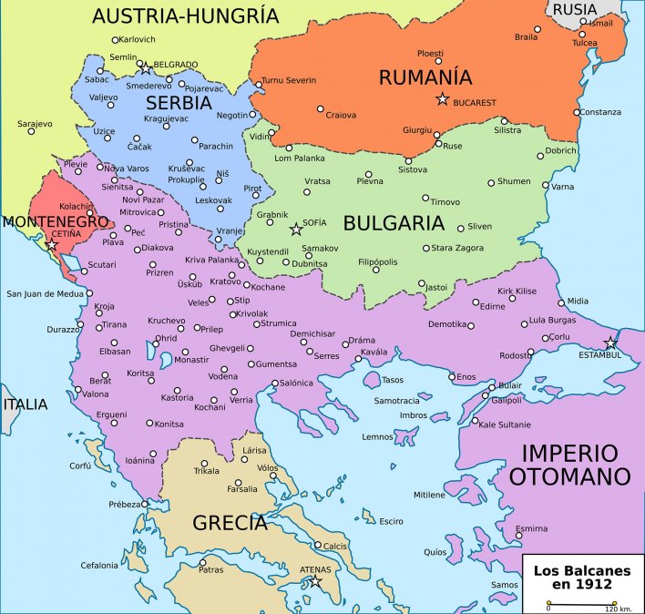 Las fronteras balcánicas a comienzos de 1912, antes del estallido de la guerra