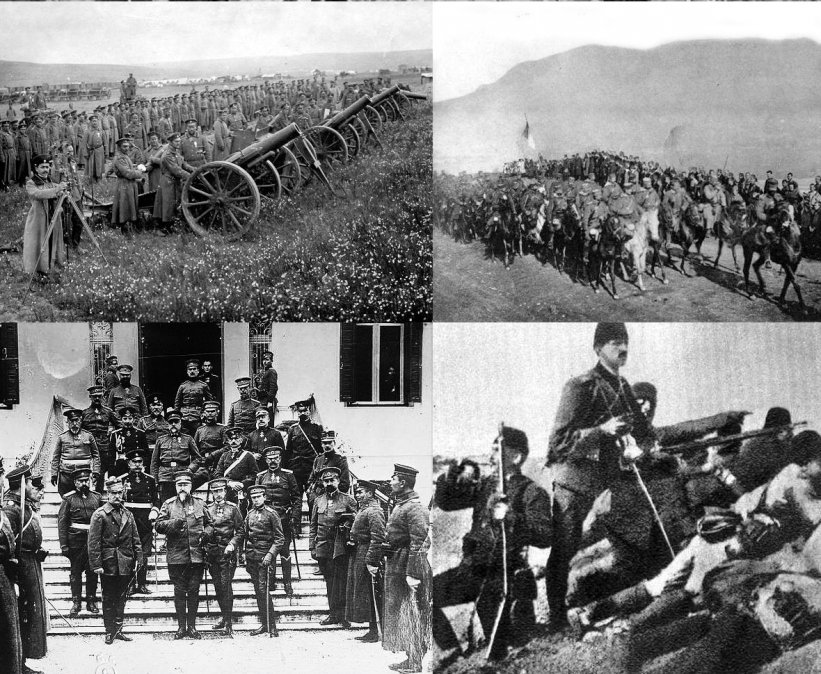 En el sentido de las agujas del reloj desde la parte superior derecha: tropas otomanas en la batalla de Kumanovo; las fuerzas serbias entran en la ciudad de Mitrovica; el rey griego y el zar búlgaro en Tesalónica; artillería pesada búlgara.