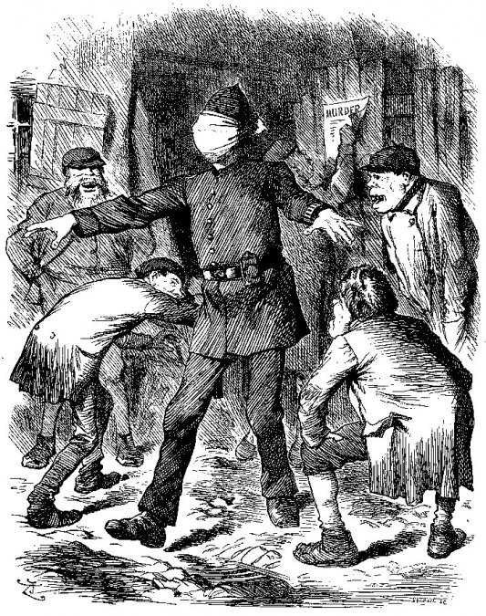 Caricatura de John Tenniel,  que data del 22 de septiembre de 1888, en la cual se critica la  supuesta incompetencia de la policía en la investigación.