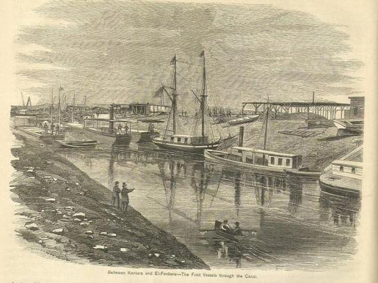Tramo del canal de Suez en un grabado de 1869.